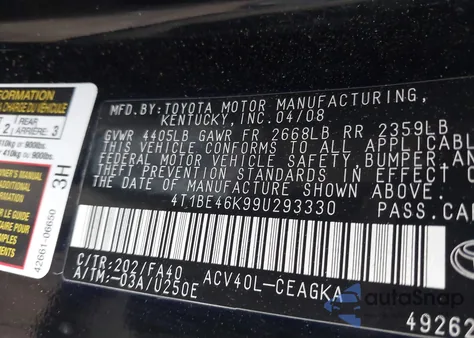 2009 Toyota Camry Xle из США, поврежденный, VIN 4T1BE46K99U293330